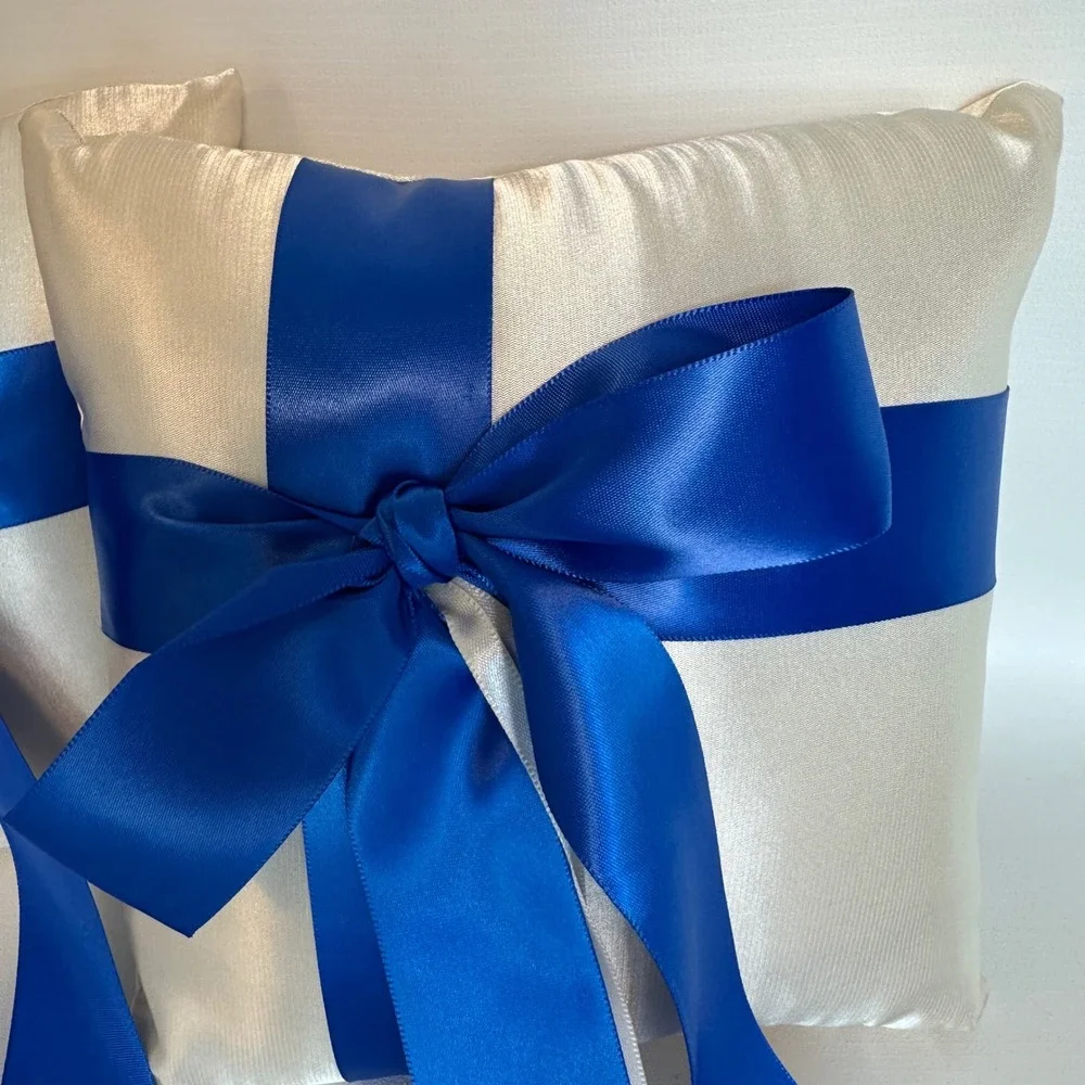 Wedding Ring‎ Bearer Pillow Ivory Satin Royal Blue Ribbon Bow Set of 2